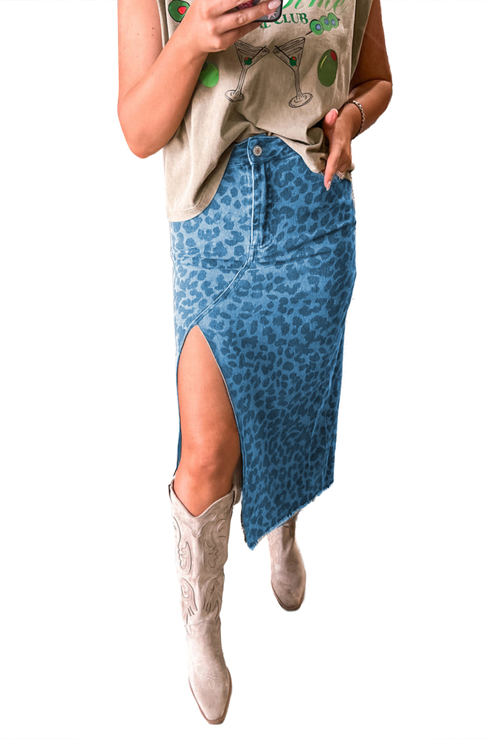 Brown Leopard Denim Frayed Split Denim Midi Skirt