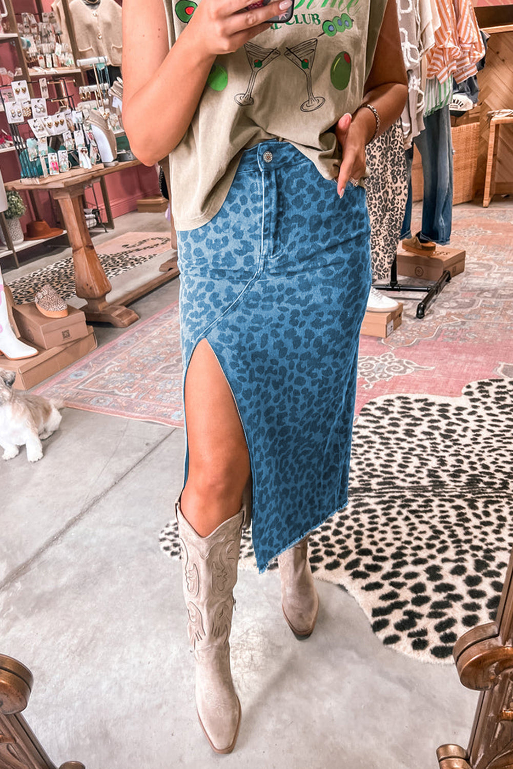 Brown Leopard Denim Frayed Split Denim Midi Skirt