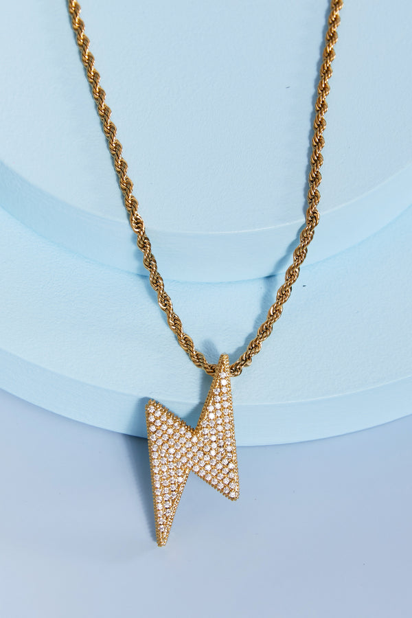Brass Lightning Pendant Necklace with Cubic Zirconia