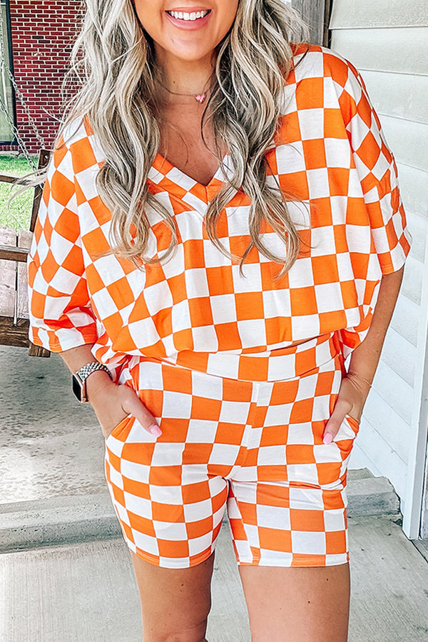 Orange Checkerboard V-Neck Tee & Shorts Lounge Set