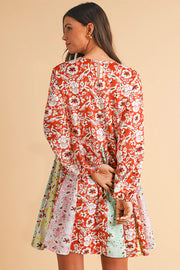Floral patchwork mini dress featuring a crew neckline and high waist
