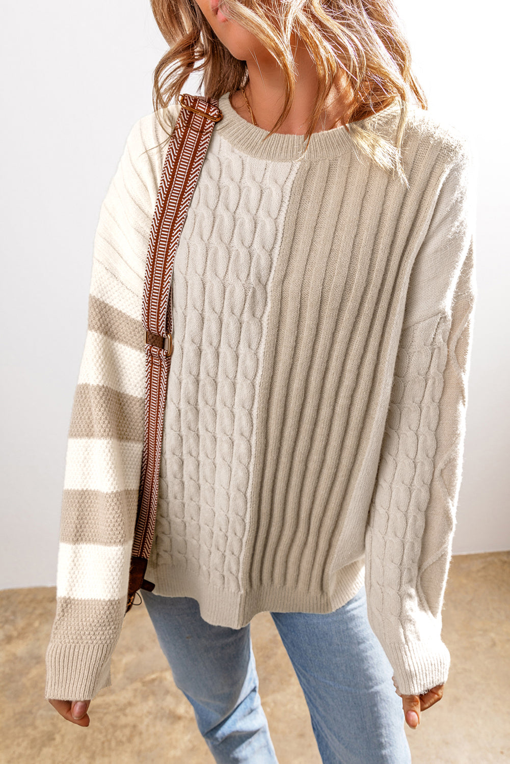 Khaki cable knit colorblock crew neck sweater with chunky texture