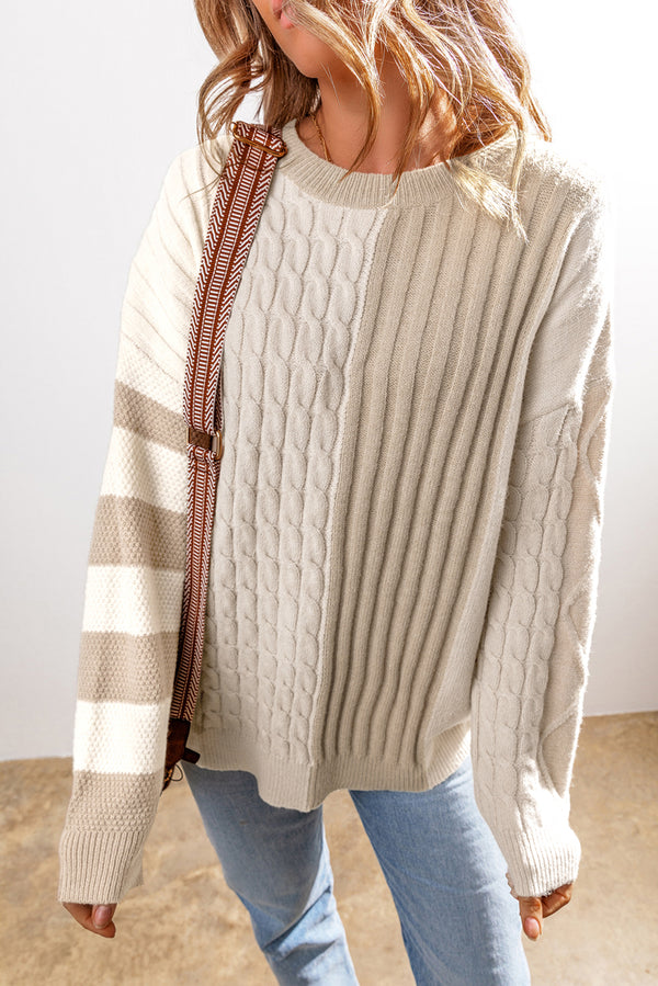 Oversized Sweater in Khaki Cable Knit Colorblock Crew Neck