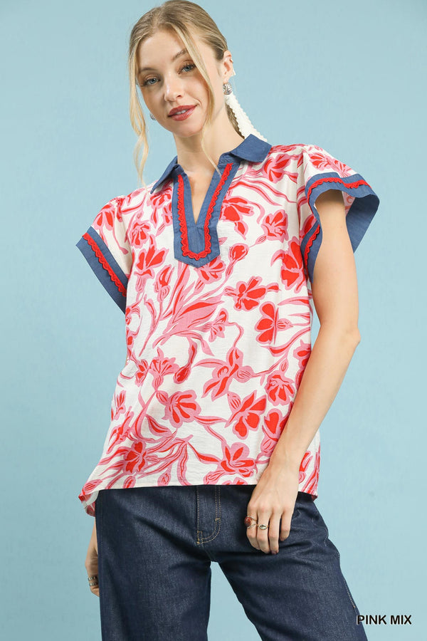 Umgee Floral Split Neck Top with Flutter Sleeves