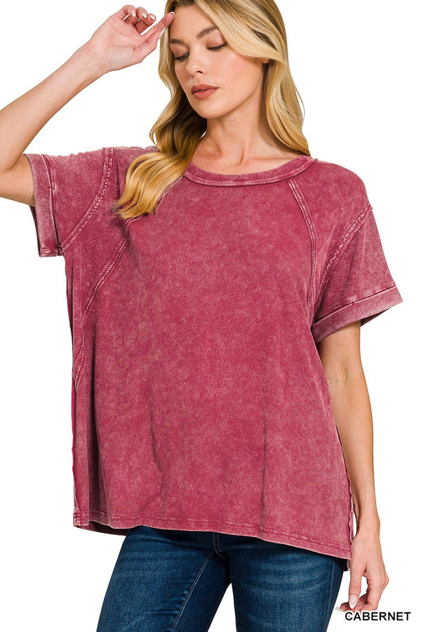 Washed Ribbed Cuffed Short Sleeve Round Neck Top
