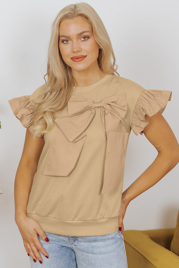 Parchment Two-Tone Ribbon Bow Ruffle Sleeve Top