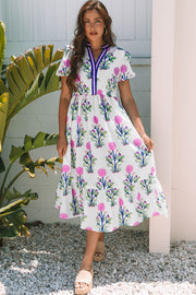 White Floral Puff Sleeve Maxi Dress with side slit pockets