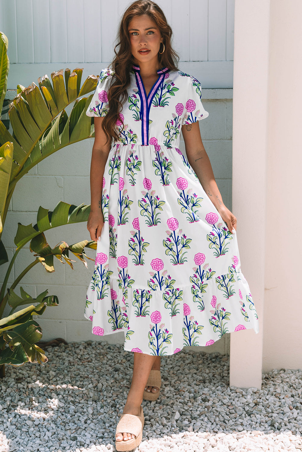 Sky Blue Floral Puff Sleeve V-Neck Maxi Dress