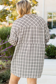 Plus size raw hem plaid shirt dress with long sleeves in white stripe