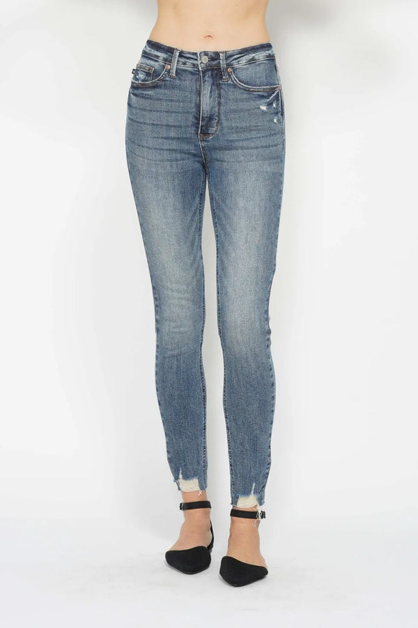 Judy Blue Tummy Control Vintage Wash Destroyed Hem Skinny Jeans