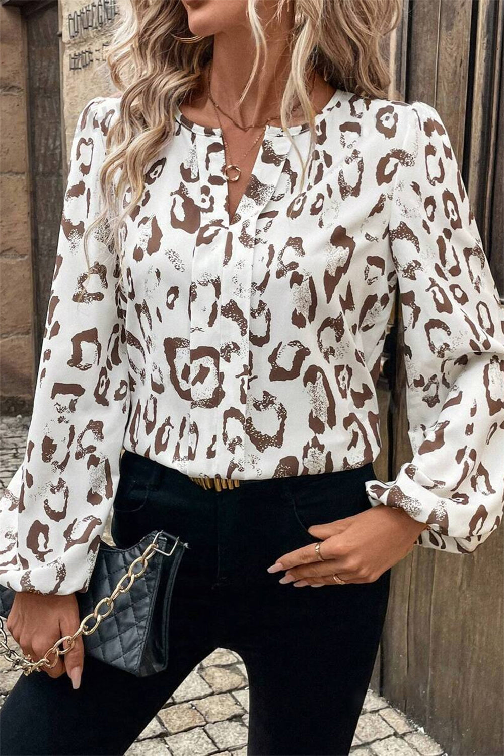 Khaki leopard print blouse with split V-neck and balloon sleeves