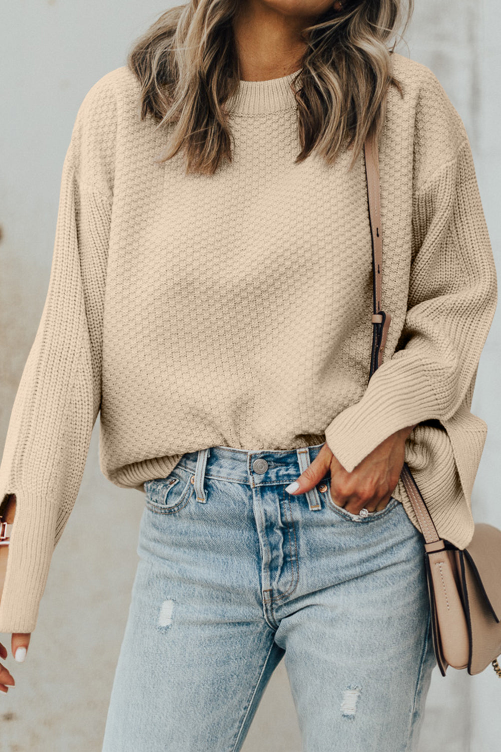 Black Textured Knit Split Cuff Drop Shoulder Loose Sweater