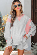 Light Grey Color Block Raw Hem Pullover and Casual Shorts Set