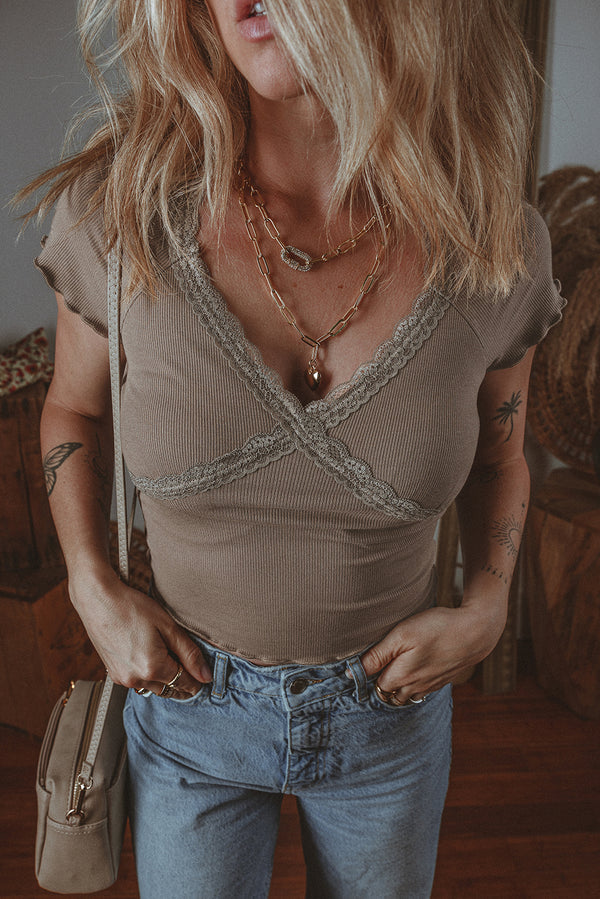 Dark Brown V-Neck T-Shirt with Criss-Cross Lace Splicing