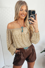 Long puff sleeve velvet burnout blouse in beige leopard with relaxed shift fit