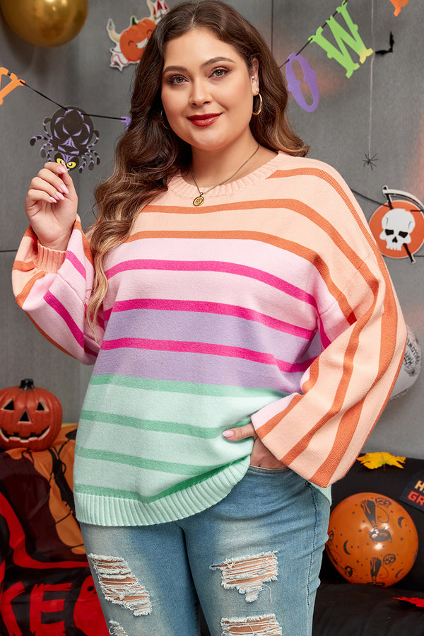 Oversized Sweater in Pink Stripe Color Block — Balloon Sleeve Plus Size Crewneck