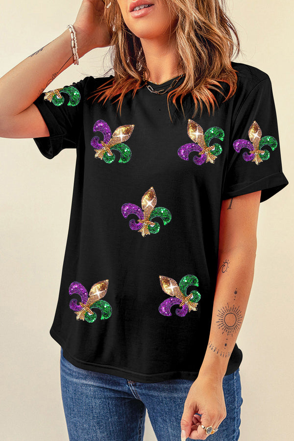 Graphic Tee — Black Mardi Gras Fleur de Lis Patch Crewneck Top