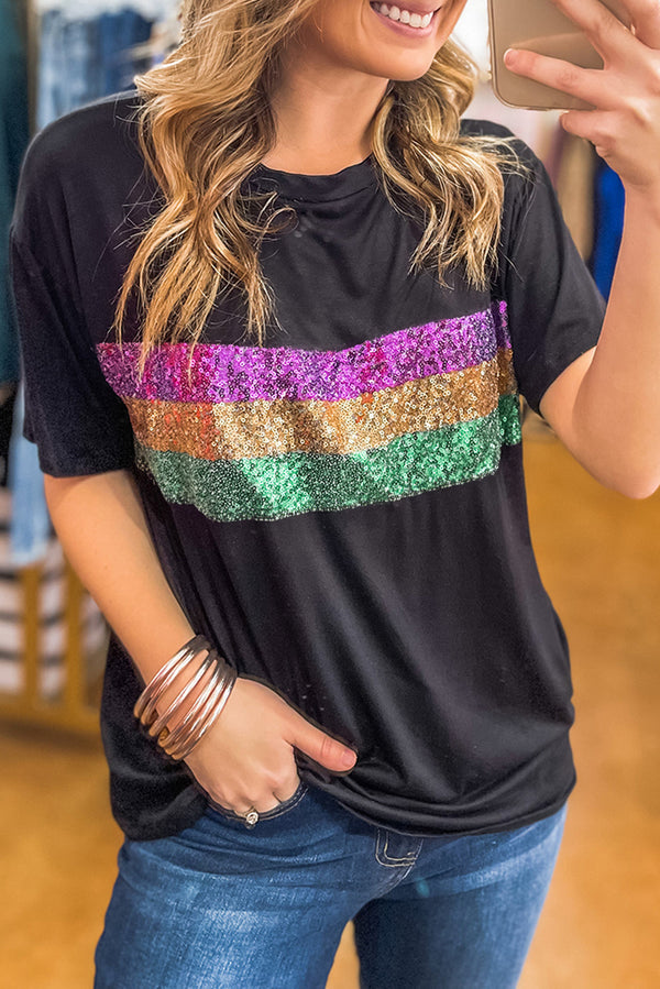 Black Sequin Stripe Crew Neck Sparkle Top