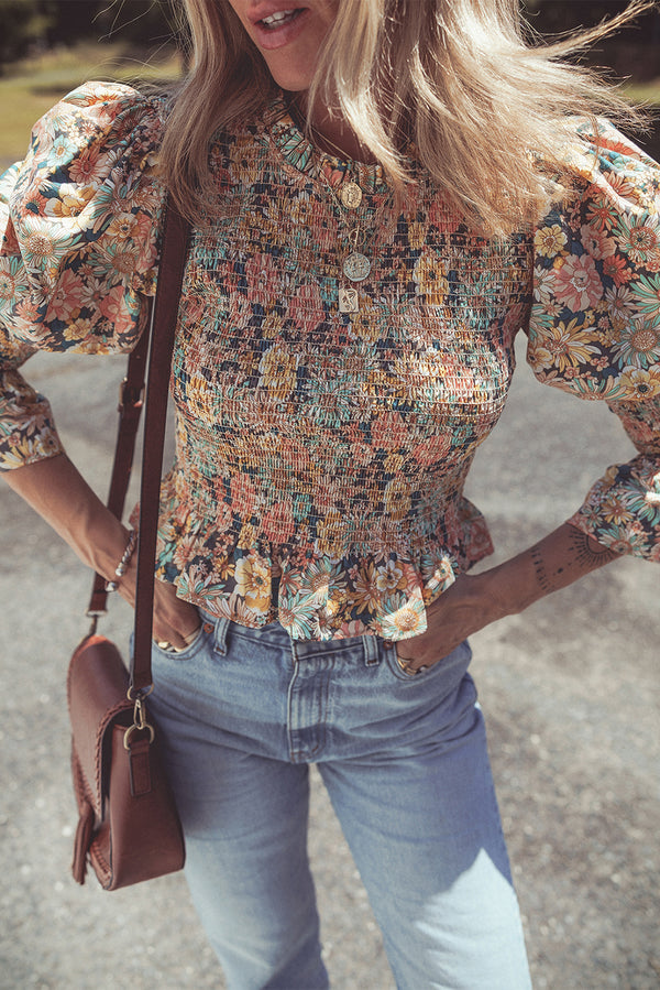 Yellow Floral Smocked Bubble Sleeve Crop Top