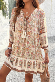 Boho V-neck mini dress with adjustable drawstring waist
