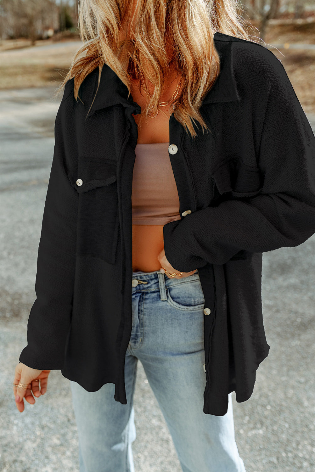 Black cotton-blend shacket in a tunic-length relaxed fit
