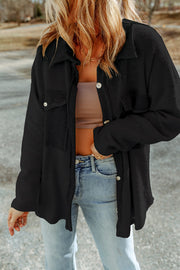 Black cotton-blend shacket in a tunic-length relaxed fit
