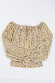 Off-shoulder beige leopard blouse with stretchy elastic edge and vintage-inspired style