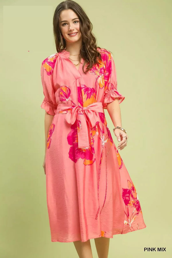 Umgee Floral Flounce Sleeve Midi Dress with Belt