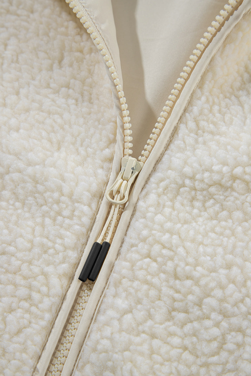 Pale Khaki Fleece Zip Up Drawstring Hooded Pocketed Jacket