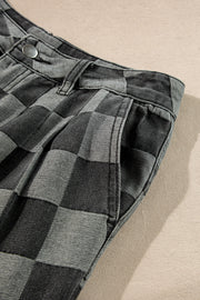 Dark Grey Checkered Wide Leg Jeans with functional pockets