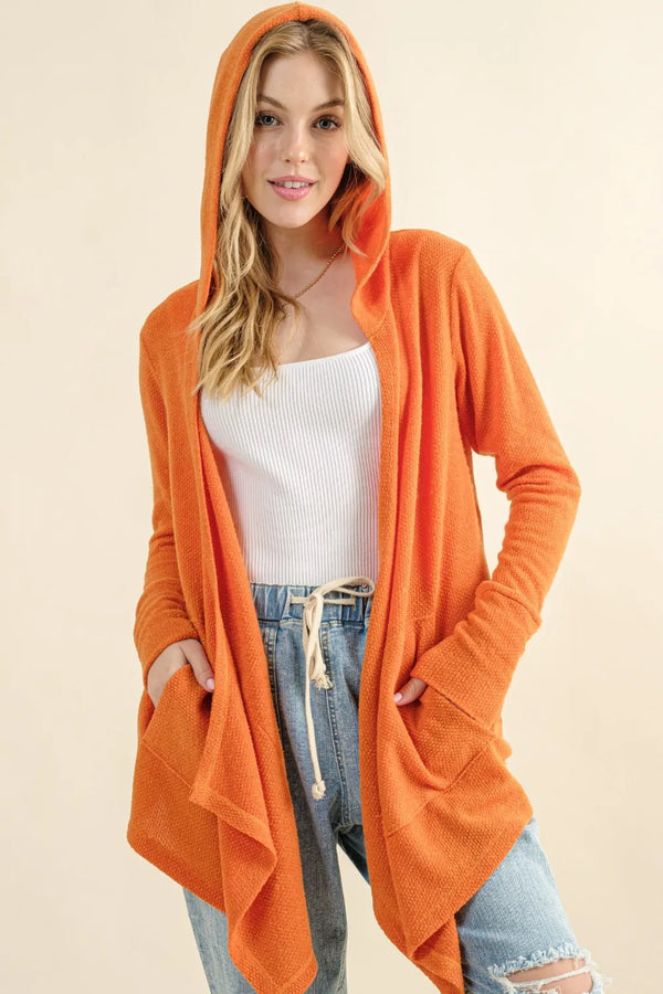 Thermal Hooded Open-Front Cardigan with Pockets
