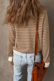 Khaki stripe textured long sleeve top showing patched edge detail