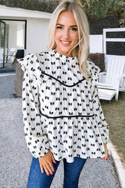 Bow Print Blouse featuring piping trim definition