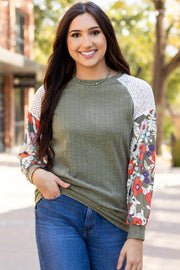 Laurel Green floral patchwork ribbed blouse with long sleeves and lace accents