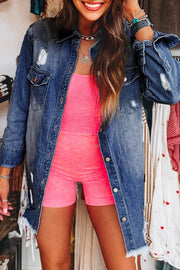 Distressed denim jacket with raw hem and long sleeves