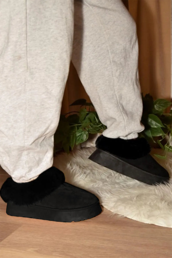 Black Shoe Faux-Fur Platform Slip-On Booties