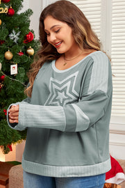 Long sleeve mist green patchwork tee in soft polyester cotton blend