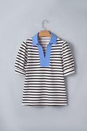 Black and white striped short puff sleeve blouse with blue color block polo collar