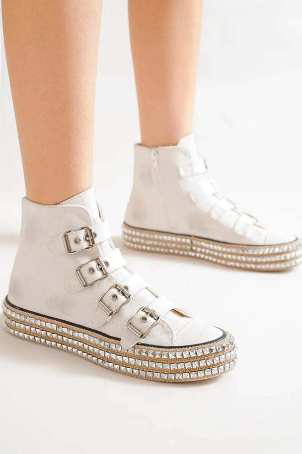 White Platform Sneakers with Multi-Buckle Straps & Studs