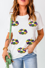 Relaxed shift silhouette of white sequined Mardi Gras top