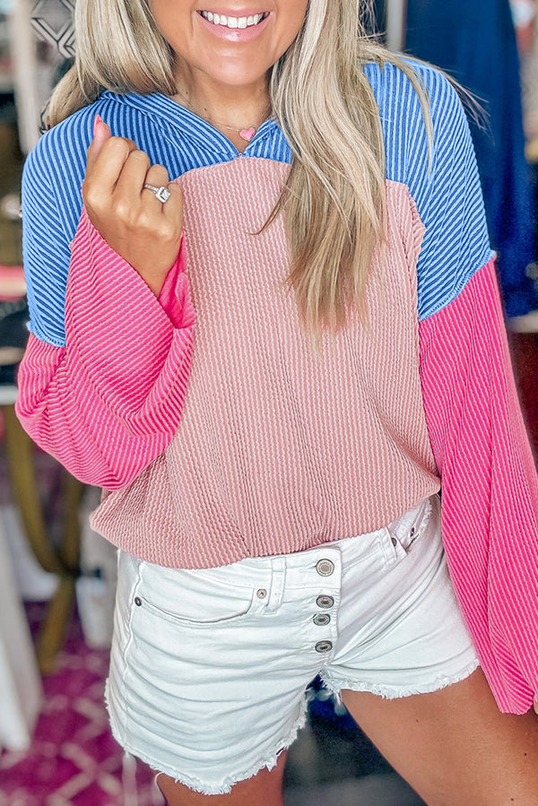 Pink Color Block Patchwork Corded Knit Long Sleeve Top with Hood