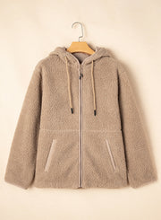 Solid pale khaki fleece zip-up hooded jacket for daily wear
