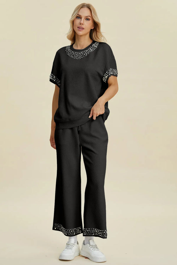 Double Take Pearl Detail Round Neck Top and Pants Set