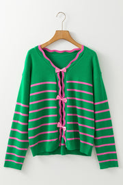 Bow detail knit cardigan close-up on the sweet front bow accent
