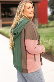 Casual plus size colorblock hoodie with long sleeves and medium stretch
