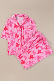 Pink bow knot print pajamas set in a soft stretch blend