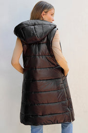 Long sleeveless quilted vest coat with roomy hood