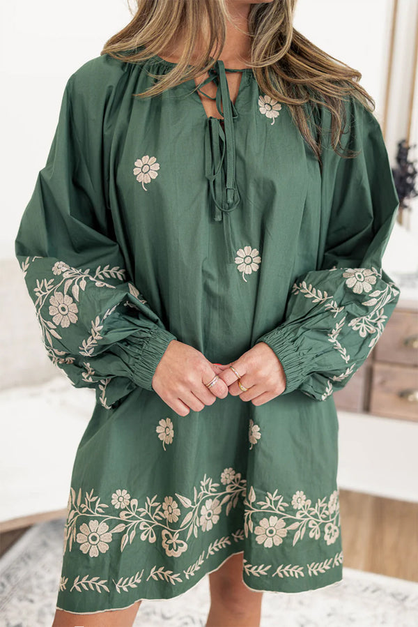 Mist Green Tie Neck Boho Floral Puff Sleeve Shift Dress