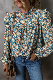 Sky Blue Floral Blouse with long puff sleeves and romantic mock neck
