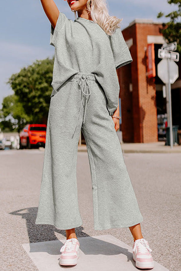 Lounge Pants Set — Gray Textured Loose Fit Tee & Drawstring Pants